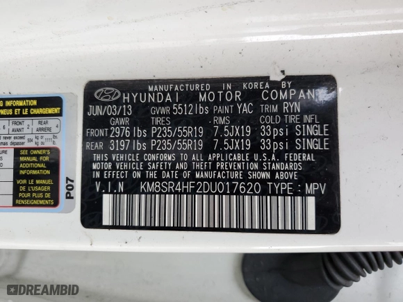 2013 Hyundai Santa Fe Limited with VIN KM8SR4HF2DU017620, listed as a Copart auction lot 53606484 with 0 mi miles and Non Repairable. Bid and sale history available at carsss.com. Image 13.