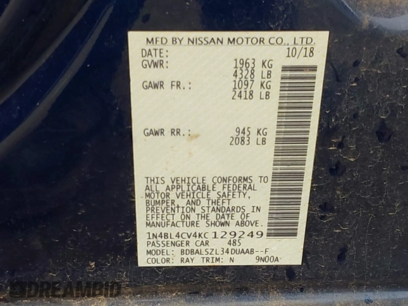 2019 Nissan Altima SR with VIN 1N4BL4CV4KC129249, listed as a IAAI auction lot 41392193 with 133,197 mi miles and . Bid and sale history available at carsss.com. Image 9.