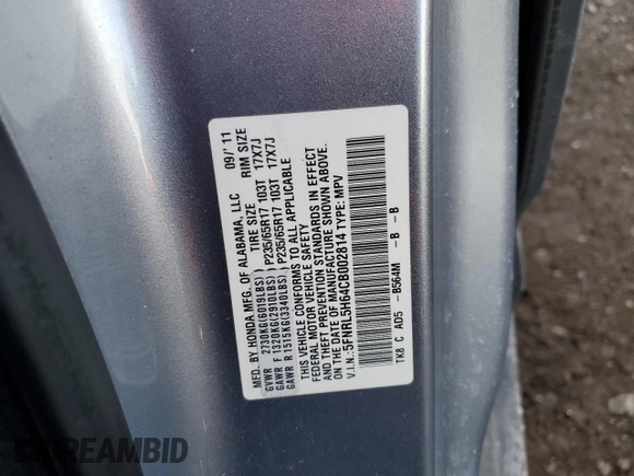 2012 Honda Odyssey EX-L with VIN 5FNRL5H64CB002814, listed as a Copart auction lot 44134505 with 131,235 mi miles and Salvage Title. Bid and sale history available at carsss.com. Image 13.