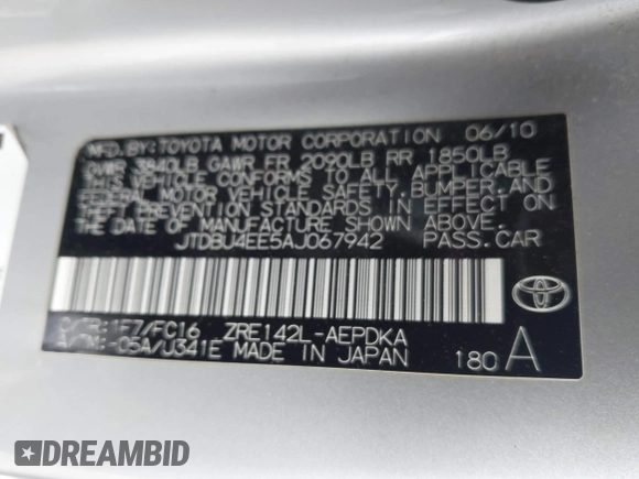 2010 Toyota Corolla with VIN JTDBU4EE5AJ067942, listed as a IAAI auction lot 42429773 with 19,539 mi miles and . Bid and sale history available at DreamBid. Image 9.