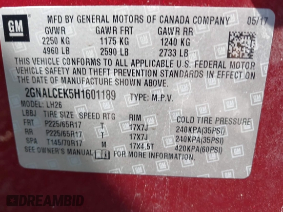2017 Chevrolet Equinox LT with VIN 2GNALCEK5H1601189, listed as a IAAI auction lot 42038012 with 91,834 mi miles. Bid and sale history available at carsss.com. Image 9.