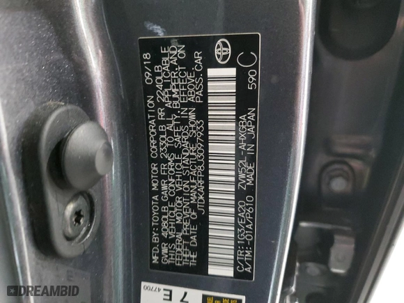 2018 Toyota Prius Prime Plus with VIN JTDKARFP8J3097933, listed as a Copart auction lot 52251005 with 56,987 mi miles and Salvage Title. Bid and sale history available at carsss.com. Image 15.