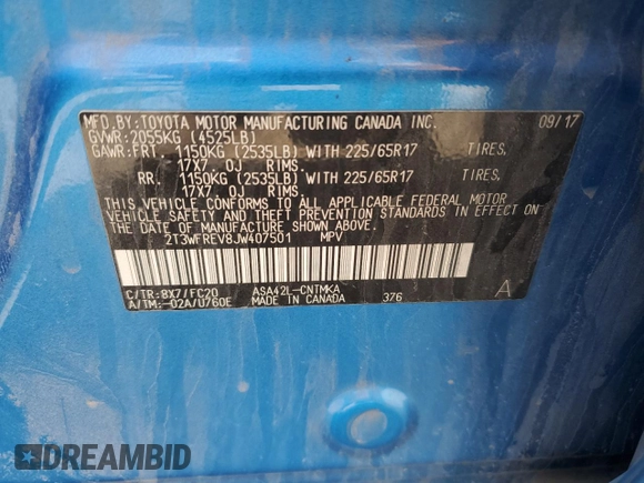 2018 Toyota RAV4 XLE with VIN 2T3WFREV8JW407501, listed as a Copart auction lot 54239815 with Not Provided miles and Salvage Title. Bid and sale history available at DreamBid. Image 13.