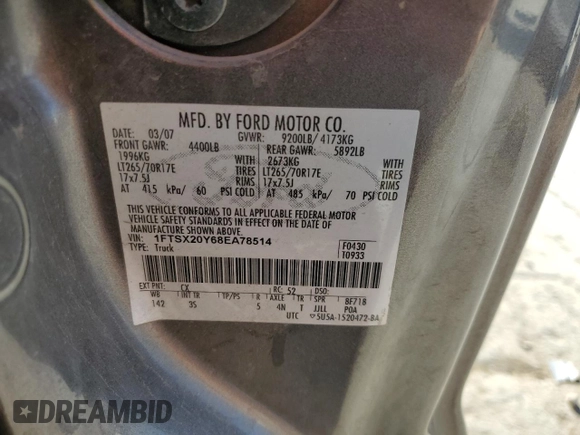2008 Ford F-250 XL with VIN 1FTSX20Y68EA78514, listed as a Copart auction lot 57050805 with 219,657 mi miles and Clean title. Bid and sale history available at DreamBid. Image 12.