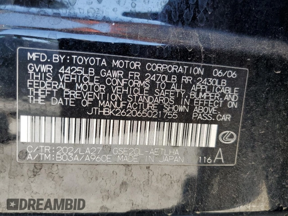 2006 Lexus IS 250 z VIN JTHBK262065021755, wystawiony jako Copart lot #57726395 z przebiegiem 167 388 mil mil oraz Czysty tytuł • Clean title. Historia ofert i sprzedaży dostępna na DreamBid. Obrazek 12.