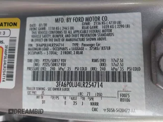 2020 Ford Fusion SE with VIN 3FA6P0LU4LR254714, listed as a IAAI auction lot 41507370 with 40,860 mi miles and . Bid and sale history available at carsss.com. Image 9.