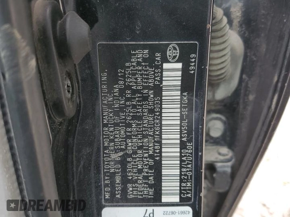 2012 Toyota Camry L with VIN 4T4BF1FK6CR249035, listed as a Copart auction lot 47352475 with 145,541 mi miles and Salvage Title. Bid and sale history available at carsss.com. Image 15.