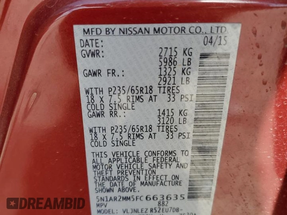 2015 Nissan Pathfinder SL with VIN 5N1AR2MM5FC663635, listed as a Copart auction lot 62075025 with 98,052 mi miles and Salvage title. Bid and sale history available at DreamBid. Image 13.