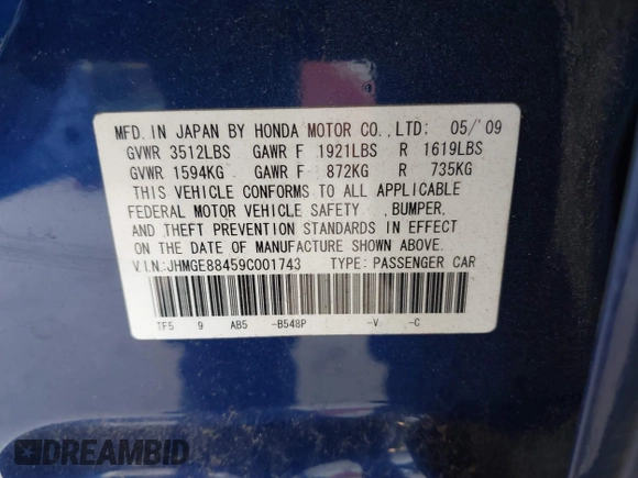 2009 Honda Fit Sport with VIN JHMGE88459C001743, listed as a IAAI auction lot 41852048 with 128,225 mi miles. Bid and sale history available at carsss.com. Image 9.