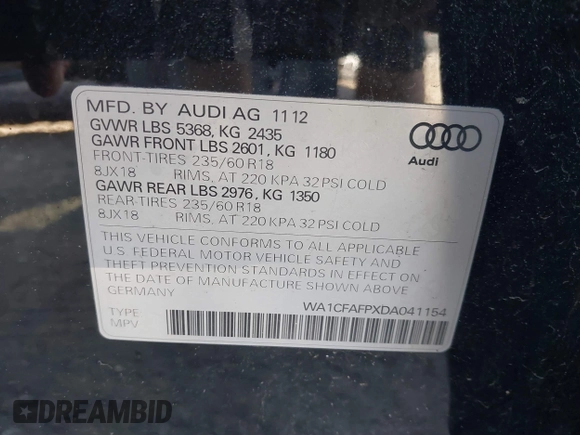 2013 Audi Q5 Premium with VIN WA1CFAFPXDA041154, listed as a IAAI auction lot 39572612 with Not provided miles and . Bid and sale history available at DreamBid. Image 9.