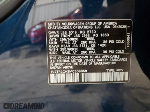 2021 Volkswagen Atlas SEL Premium with VIN 1V2TR2CA3MC509859, listed as a Copart auction lot 55265945 with 69,841 mi miles and Non repairable. Bid and sale history available at DreamBid. Image 13.
