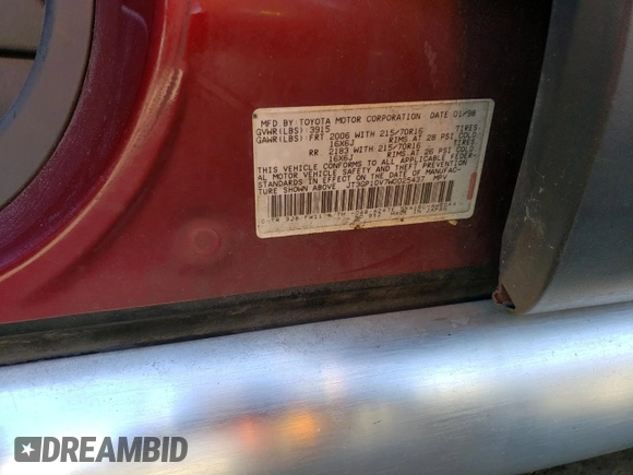 1998 Toyota RAV4 with VIN JT3GP10V7W0025437, listed as a Copart auction lot 37272833 with 120,080 mi miles and Salvage title. Bid and sale history available at DreamBid. Image 13.