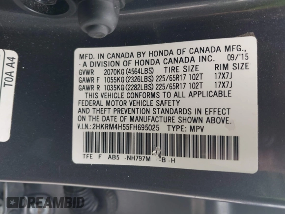 2015 Honda CR-V EX with VIN 2HKRM4H55FH695025, listed as a IAAI auction lot 41963437 with 130,891 mi miles and . Bid and sale history available at DreamBid. Image 9.