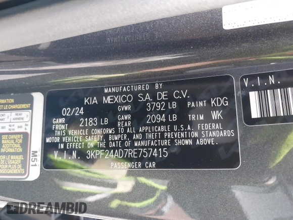 2024 Kia Forte LXS with VIN 3KPF24AD7RE757415, listed as a IAAI auction lot 41471284 with 5,923 mi miles. Bid and sale history available at carsss.com. Image 9.