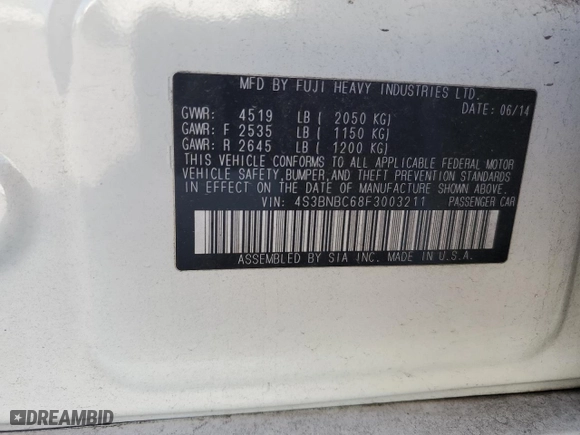 2015 Subaru Legacy 2.5i Premium with VIN 4S3BNBC68F3003211, listed as a Copart auction lot 41923575 with 101,612 mi miles and Salvage Title. Bid and sale history available at carsss.com. Image 13.
