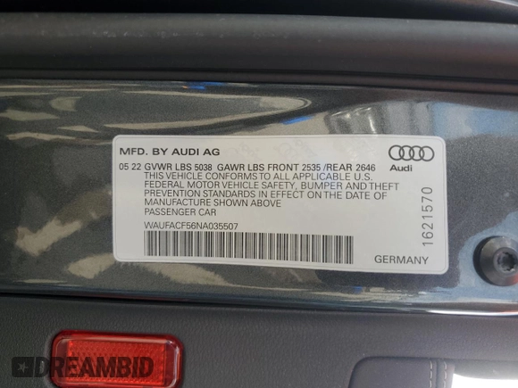 2022 Audi A5 Sportback S line Premium Plus with VIN WAUFACF56NA035507, listed as a Copart auction lot 67329273 with 9,661 mi miles. Bid and sale history available at carsss.com. Image 14.