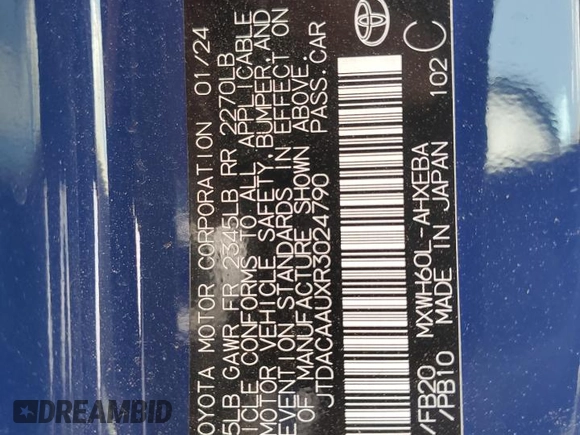2024 Toyota Prius LE with VIN JTDACAAUXR3024790, listed as a Copart auction lot 57094995 with 38,968 mi miles and Salvage Title. Bid and sale history available at DreamBid. Image 12.