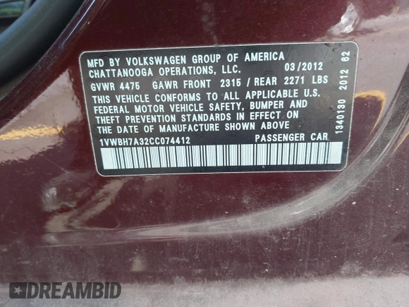 2012 Volkswagen Passat SE z VIN 1VWBH7A32CC074412, wystawiony jako IAAI lot #41805569 z przebiegiem 216 762 mil mil oraz . Historia ofert i sprzedaży dostępna na DreamBid. Obrazek 9.