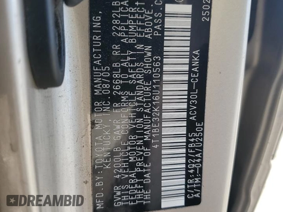 2006 Toyota Camry STD with VIN 4T1BE32K16U110563, listed as a Copart auction lot 53959605 with 123,430 mi miles and Salvage Title. Bid and sale history available at DreamBid. Image 12.