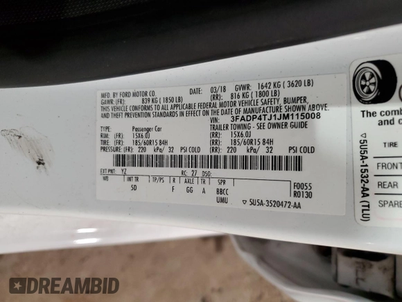 2018 Ford Fiesta S with VIN 3FADP4TJ1JM115008, listed as a Copart auction lot 86119204 with 142,354 mi miles and Salvage title. Bid and sale history available at DreamBid. Image 12.