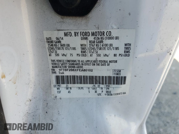 2015 Ford F-250 XLT z VIN 1FTBF2B6XFEA80102, wystawiony jako Copart lot #65196695 z przebiegiem Nie podano mil oraz Szkoda całkowita • Salvage title. Historia ofert i sprzedaży dostępna na DreamBid. Obrazek 12.