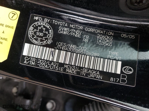 2005 Lexus ES 330 with VIN JTHBA30G255126289, listed as a Copart auction lot 50082255 with 202,598 mi miles and Clean Title. Bid and sale history available at carsss.com. Image 12.
