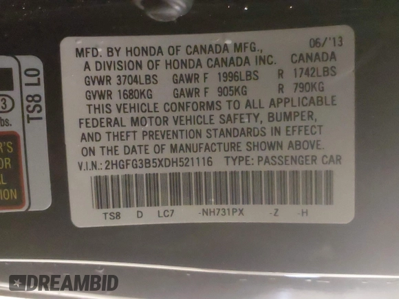 2013 Honda Civic LX with VIN 2HGFG3B5XDH521116, listed as a IAAI auction lot 41876383 with 65,951 mi miles and . Bid and sale history available at DreamBid. Image 9.