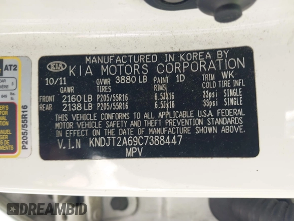 2012 Kia Soul + with VIN KNDJT2A69C7388447, listed as a IAAI auction lot 41993395 with 166,029 mi miles and . Bid and sale history available at DreamBid. Image 9.