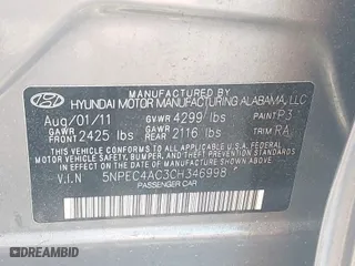 2012 Hyundai Sonata 2.4L Limited PZEV with VIN 5NPEC4AC3CH346998, listed as a IAAI auction lot 42043048 with 198,027 mi miles. Bid and sale history available at carsss.com. Image 9.