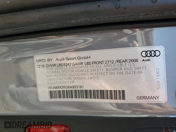 2019 Audi RS 5 Sportback z VIN WUABWCF52KA903181, wystawiony jako Copart lot #46123525 z przebiegiem 32 366 mil mil oraz Szkody całkowita. Historia ofert i sprzedaży dostępna na DreamBid. Obrazek 12.