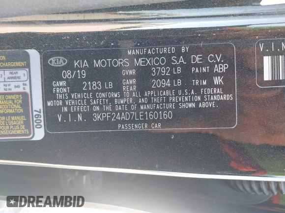 2020 Kia Forte LXS with VIN 3KPF24AD7LE160160, listed as a IAAI auction lot 41785749 with 55,988 mi miles. Bid and sale history available at carsss.com. Image 9.