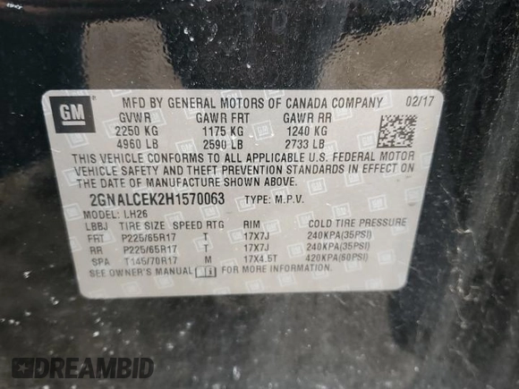 2017 Chevrolet Equinox LT with VIN 2GNALCEK2H1570063, listed as a Copart auction lot 52303365 with 111,455 mi miles and Salvage Title. Bid and sale history available at carsss.com. Image 13.