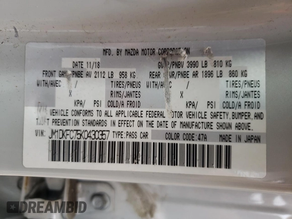 2019 Mazda CX-3 Touring with VIN JM1DKFC75K0430357, listed as a Copart auction lot 66206334 with 22,684 mi miles and Salvage Title. Bid and sale history available at DreamBid. Image 12.