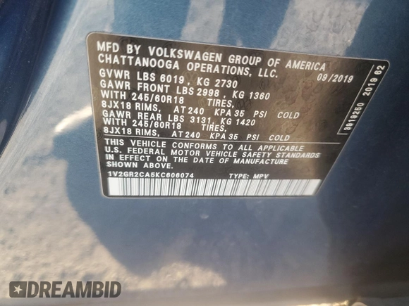 2019 Volkswagen Atlas S with VIN 1V2GR2CA5KC606074, listed as a Copart auction lot 75398024 with 51,694 mi miles and Salvage title. Bid and sale history available at DreamBid. Image 14.