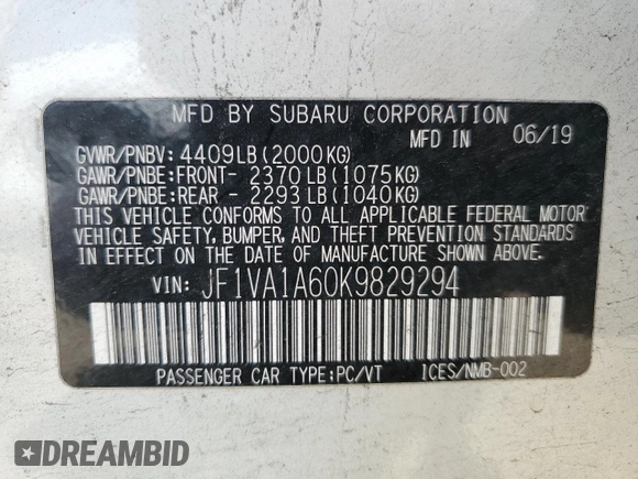 2019 Subaru WRX z VIN JF1VA1A60K9829294, wystawiony jako Copart lot #54421545 z przebiegiem 73 688 mil mil oraz Szkoda całkowita • Salvage title. Historia ofert i sprzedaży dostępna na DreamBid. Obrazek 13.