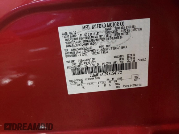 2012 Lincoln MKT EcoBoost with VIN 2LMHJ5AT9CBL54172, listed as a Copart auction lot 85450294 with 55,548 mi miles and Salvage Title. Bid and sale history available at DreamBid. Image 12.
