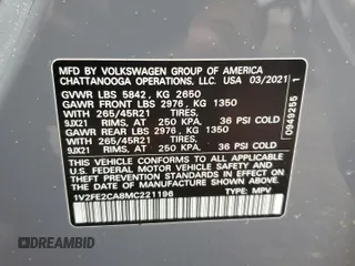 2021 Volkswagen Atlas SEL Premium R-Line with VIN 1V2FE2CA8MC221196, listed as a Copart auction lot 41882335 with 62,418 mi miles and Clean title. Bid and sale history available at DreamBid. Image 16.