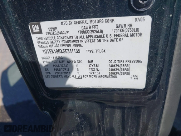 2005 GMC Sierra 1500 with VIN 1GTEK19BX5E341135, listed as a IAAI auction lot 42220266 with 172,451 mi miles and . Bid and sale history available at DreamBid. Image 9.