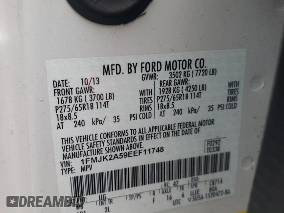 2014 Ford Expedition Max Limited with VIN 1FMJK2A59EEF11748, listed as a Copart auction lot 58237635 with 146,653 mi miles and Clean title. Bid and sale history available at DreamBid. Image 13.