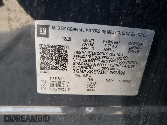 2019 Chevrolet Equinox LT with VIN 3GNAXKEV1KL260890, listed as a Copart auction lot 47179295 with 89,318 mi miles and Salvage Title. Bid and sale history available at DreamBid. Image 15.