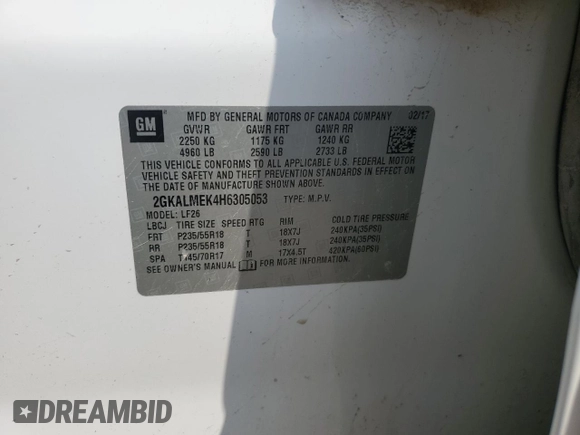 2017 GMC Terrain SLE with VIN 2GKALMEK4H6305053, listed as a Copart auction lot 52783395 with 123,336 mi miles and Salvage Title. Bid and sale history available at carsss.com. Image 14.