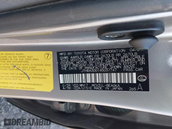2004 Lexus ES 350 with VIN JTHBA30G145037747, listed as a IAAI auction lot 41424725 with 163,921 mi miles and . Bid and sale history available at DreamBid. Image 9.