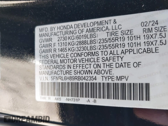 2024 Honda Odyssey Touring z VIN 5FNRL6H89RB042354, wystawiony jako IAAI lot #41469495 z przebiegiem 8 477 mil mil oraz . Historia ofert i sprzedaży dostępna na DreamBid. Obrazek 9.