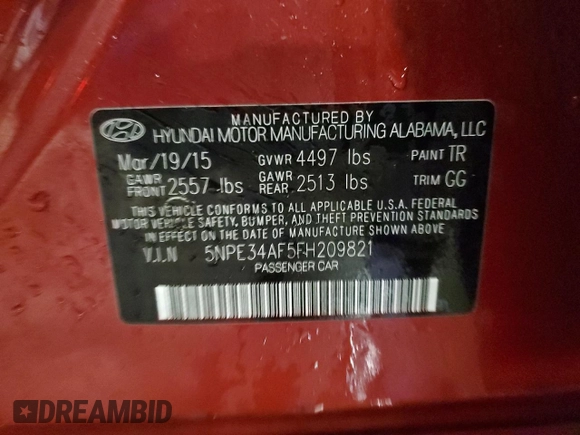 2015 Hyundai Sonata Sport with VIN 5NPE34AF5FH209821, listed as a Copart auction lot 49320145 with Not provided miles and Clean title. Bid and sale history available at DreamBid. Image 12.