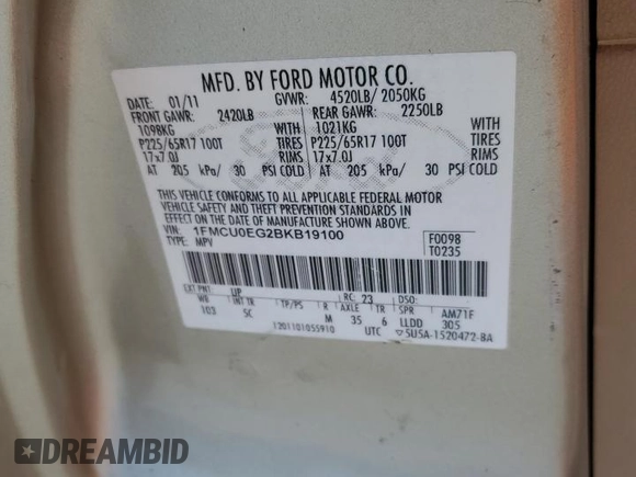 2011 Ford Escape Limited с VIN 1FMCU0EG2BKB19100, выставлен на аукционе Copart как лот 58410295 с пробегом Не указан миль и Списание • Salvage title. История ставок и продаж доступна на DreamBid. Изображение 13.