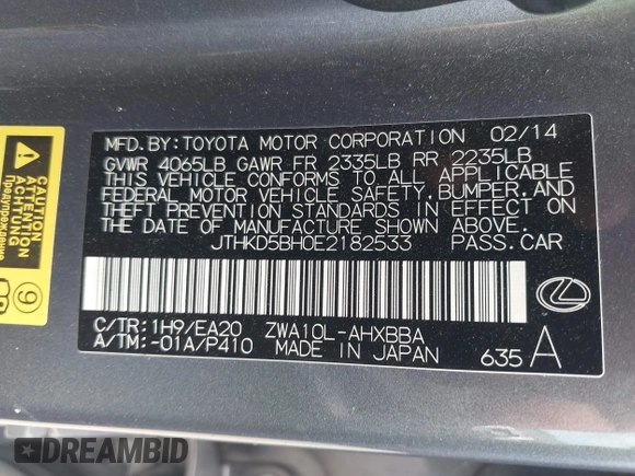 2014 Lexus CT 200h with VIN JTHKD5BH0E2182533, listed as a IAAI auction lot 42103643 with 139,236 mi miles and . Bid and sale history available at DreamBid. Image 9.