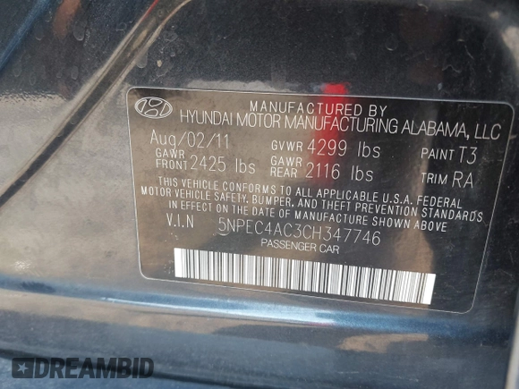 2012 Hyundai Sonata Limited with VIN 5NPEC4AC3CH347746, listed as a IAAI auction lot 41791713 with 307,370 mi miles and . Bid and sale history available at DreamBid. Image 9.