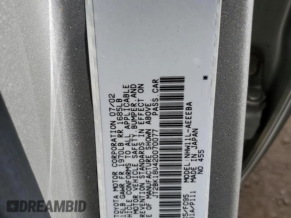 2002 Toyota Prius with VIN JT2BK18U420070077, listed as a Copart auction lot 44792545 with 70,407 mi miles and Salvage Title. Bid and sale history available at carsss.com. Image 12.