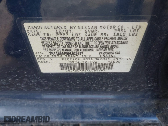 2010 Nissan Sentra S with VIN 3N1AB6AP5AL629287, listed as a IAAI auction lot 41737328 with 111,607 mi miles and . Bid and sale history available at DreamBid. Image 9.
