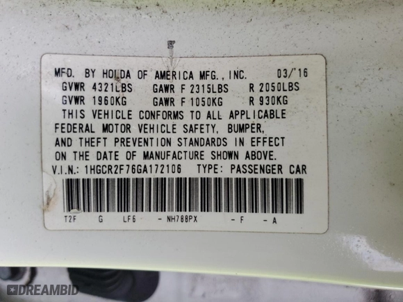 2016 Honda Accord Sedan EX with VIN 1HGCR2F76GA172106, listed as a Copart auction lot 47441435 with 280,063 mi miles and Salvage Title. Bid and sale history available at carsss.com. Image 14.